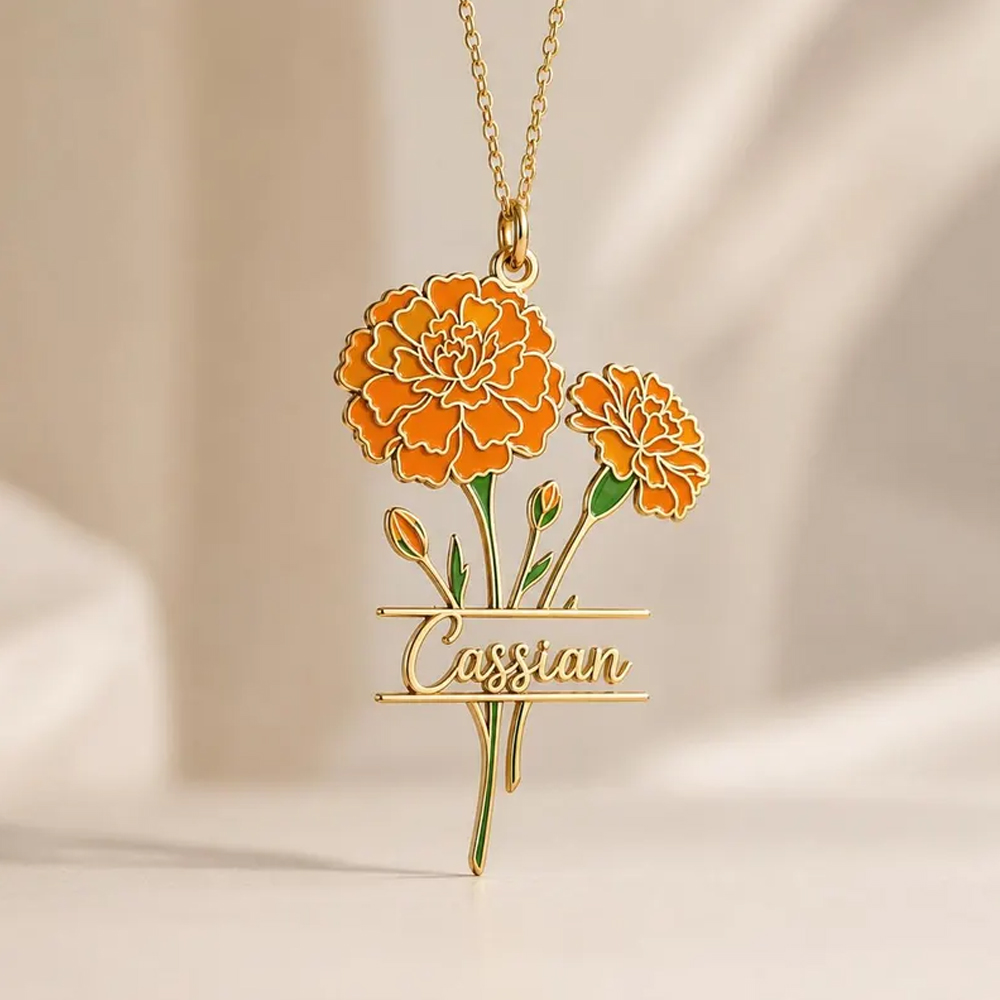 Birth Flower Necklace - Collana con nome personalizzato e fiore